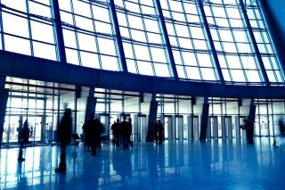 Professionals walking through lobby