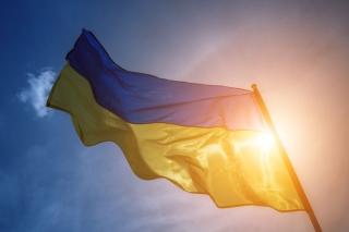 Ukrainian flag flying against sunshine sky