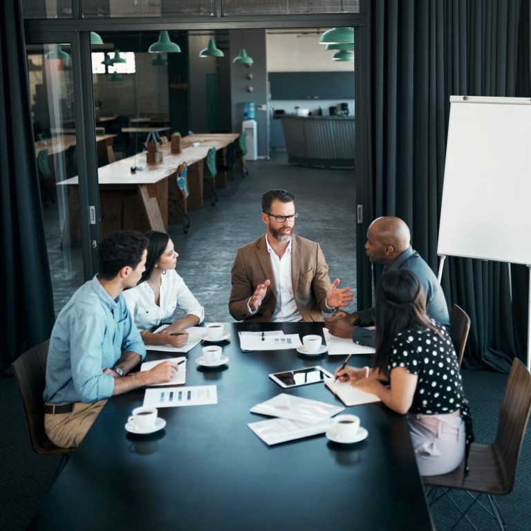 Business people, meeting or collaboration teamwork in office boardroom for men, women or manager leadership
