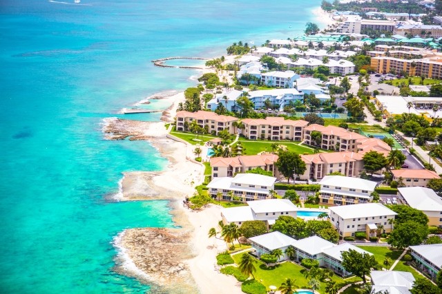 aerial view of the coastline of popular vacation location Grand Cayman