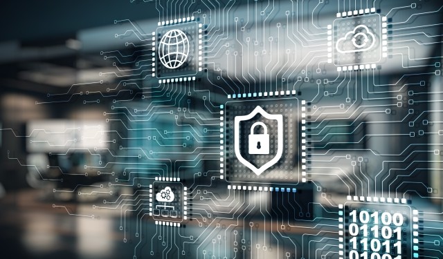 cybersecurity icons connected by chips