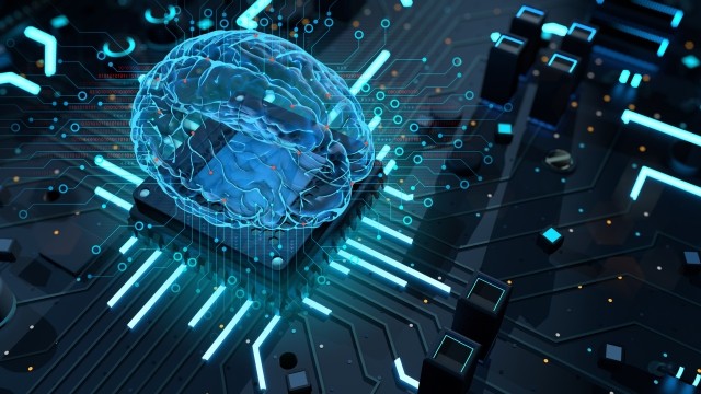 Brain controlling a circuit board, symbolizing AI