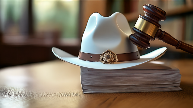 Texas hat, law papers, and a gavel