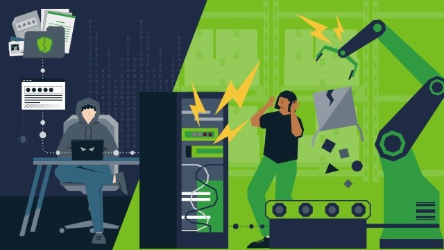 illustration of damaged server and person creating a cyber attack.