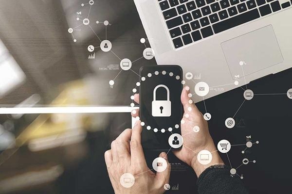 Padlock picture on a tablet depicting cyber security stock photo used by Woodruff Sawyer.