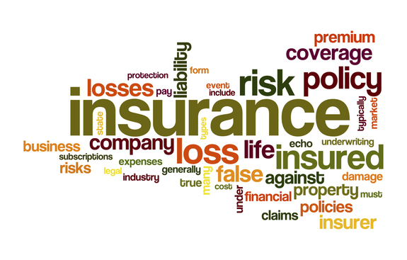 An image of a graphic filled with words related to insurance in different colors and sizes.