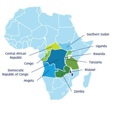 A blue geographical view showing the democratic republic of Congo and adjoining countries with conflict minerals.