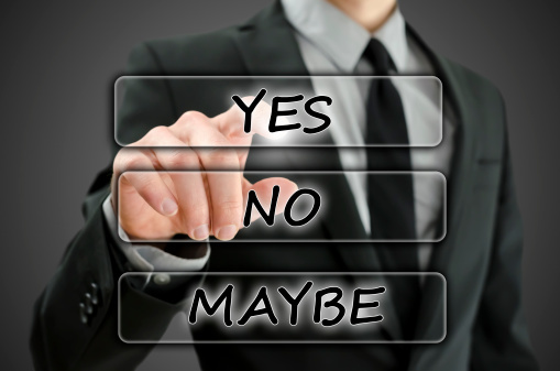 An image of a businessman tapping on a yes button among other buttons saying no and the other saying maybe.