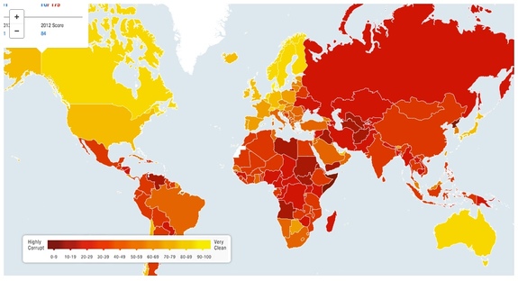 An image of a heat map image illustrating the 2014 “Corruption Perceptions Index” by Transparency International.