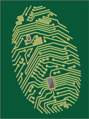 An image of a yellow circuit board in the shape of a fingerprint in a green background.