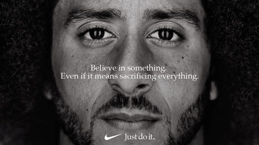 Kaepernick Nike Ad featuring Colin Kaepernick's face and the words 