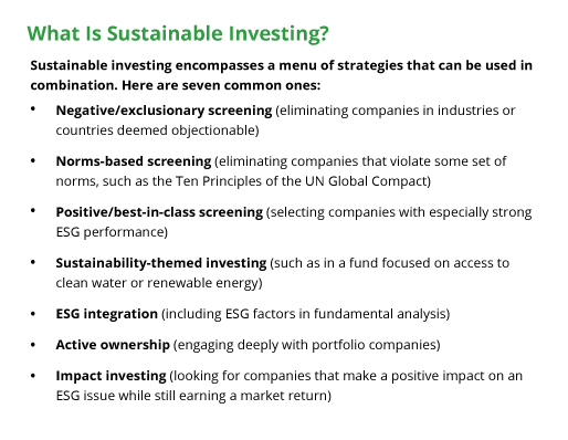 Sustainable investing encompasses a menu of strategies that can be used in combination.
