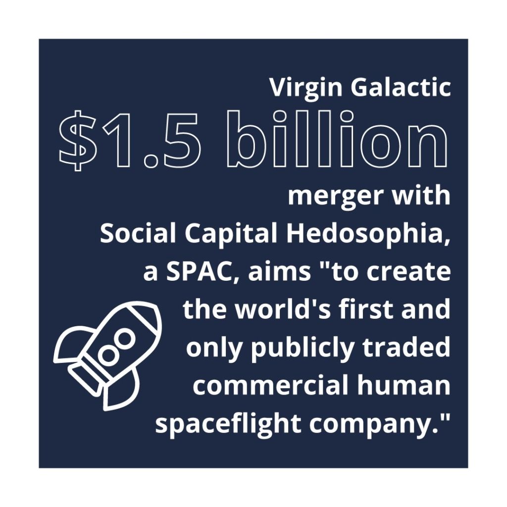 An infographic describing Virgin Galactic's $1.5 billion merger with Social Capital Hedosophia and a rocketship.