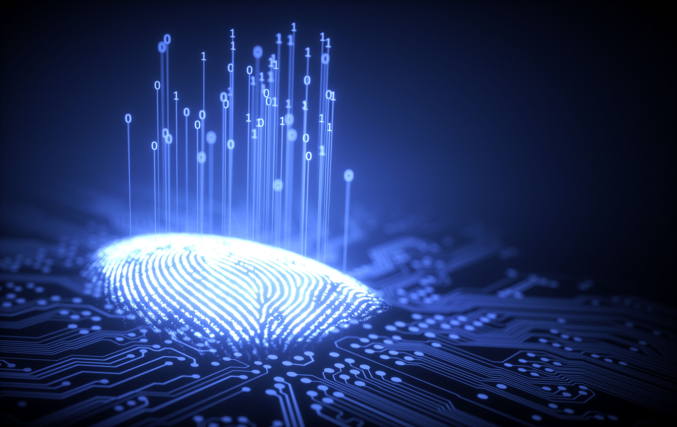Fingerprint on computer chip illustrating cybersecurity