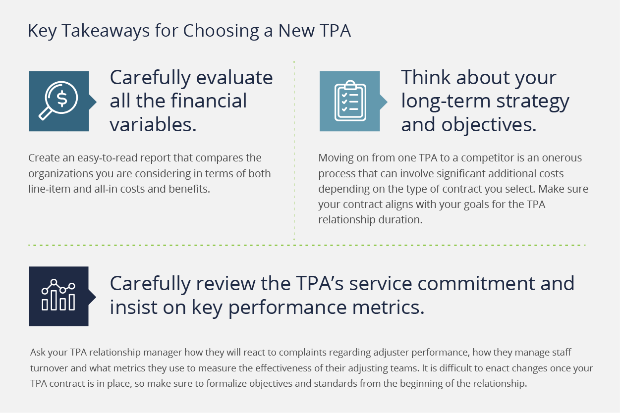 Key Takeaways for Selecting a New TPA: carefully evaluate all financial variables, think long-term strategy, review TPA's service commitment.