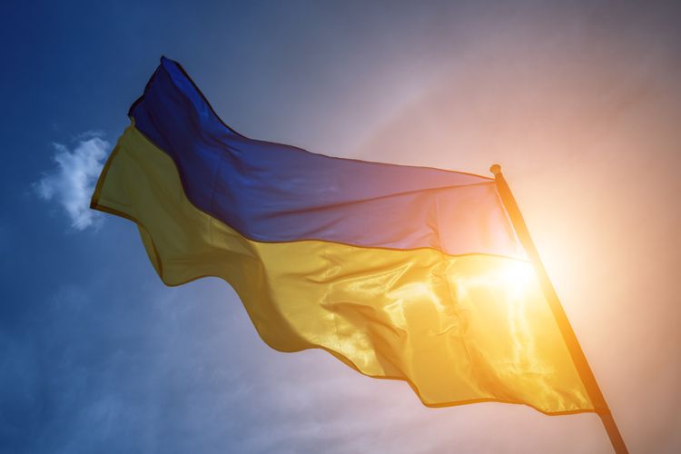 Ukrainian flag flying against sunshine sky