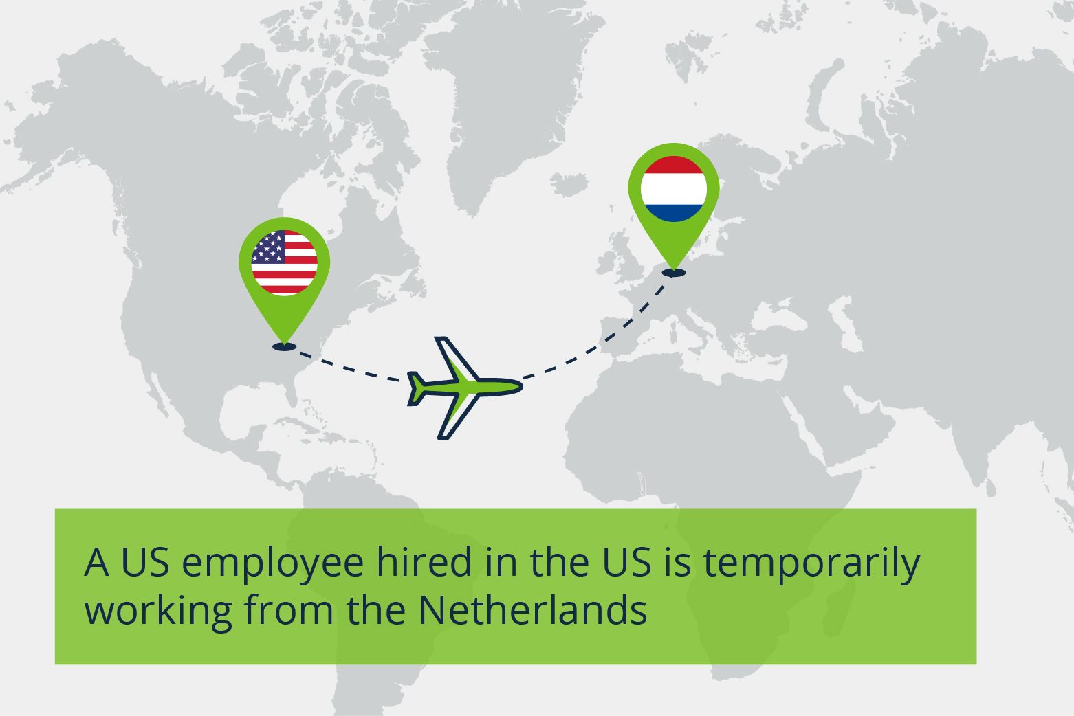 map of us employee working in netherlands with plane and flags